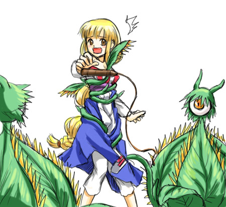 akogi, lieza (arc the lad), arc the lad, arc the lad ii, lowres, 1girl, ^^^, blonde hair, cyclops, long hair, low-tied long hair, one-eyed, open mouth, whip, white background, yellow eyes