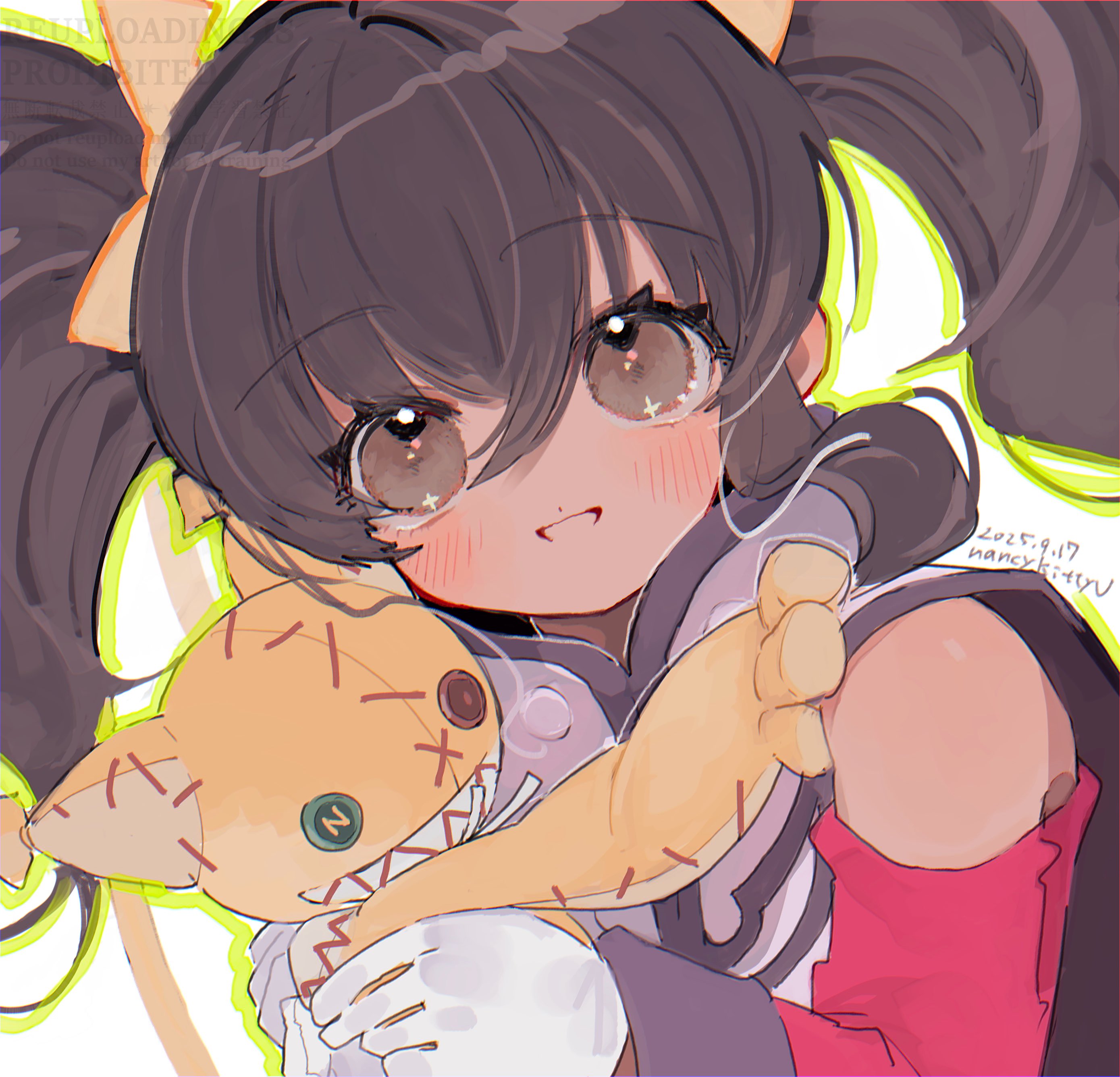 nancykittyu, anise tatlin, tokunaga (tales), tales of (series), tales of the abyss, absurdres, commentary, highres, 1girl, bare shoulders, black hair, blush, bow, brown eyes, dated, dress, gloves, hair between eyes, hair bow, holding, holding stuffed toy, long hair, looking at viewer, open mouth, pink dress, solo, stuffed toy, tabard, twintails, upper body, white gloves, white tabard