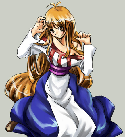 akogi, lieza (arc the lad), arc the lad, arc the lad ii, lowres, 1girl, blonde hair, female focus, long hair, low-tied long hair, simple background, solo, very long hair, yellow eyes