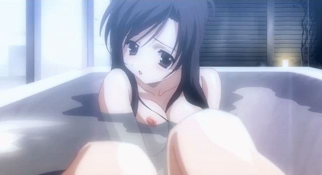 gotou junji, katsura kotonoha, school days, animated, animated gif, 00s, 1girl, bath, bathtub, black hair, breasts, breasts squeezed together, brown eyes, female focus, female masturbation, masturbation, nipples, nude, small nipples, solo