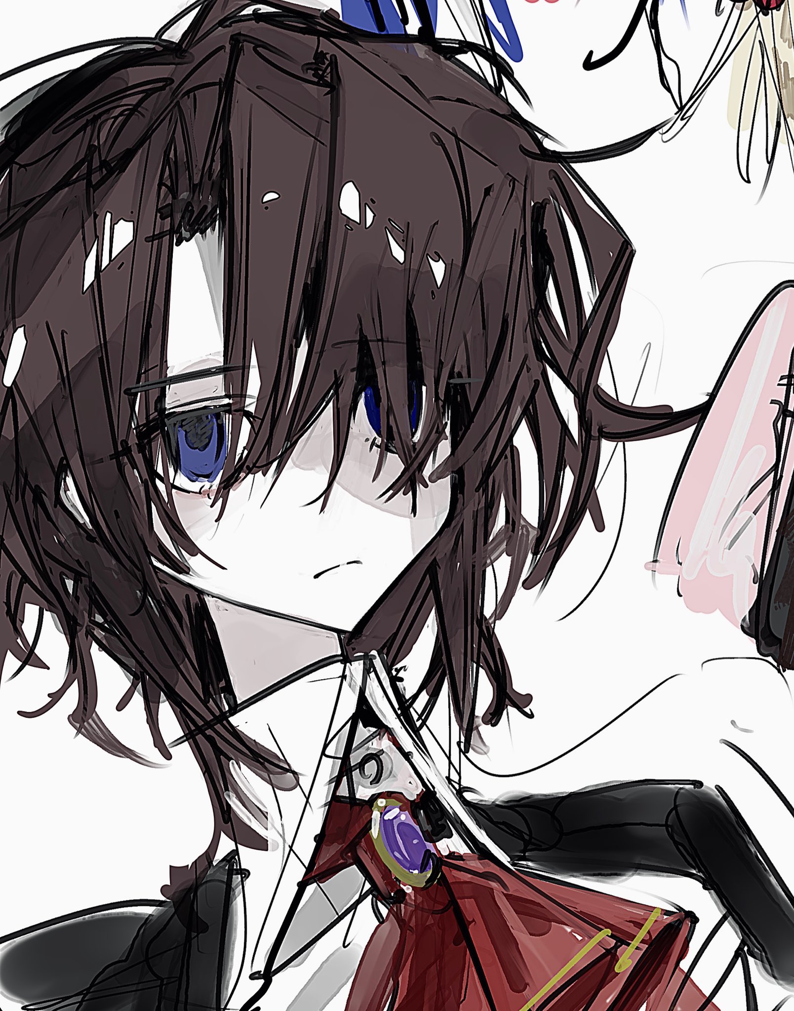 koyomiyoko o, shannon (umineko), yasu (umineko), umineko no naku koro ni, highres, 1girl, ascot, blue eyes, brown hair, empty eyes, expressionless, frown, gem, hair over one eye, high collar, looking ahead, medium hair, one eye in shadow, pale skin, shaded face
