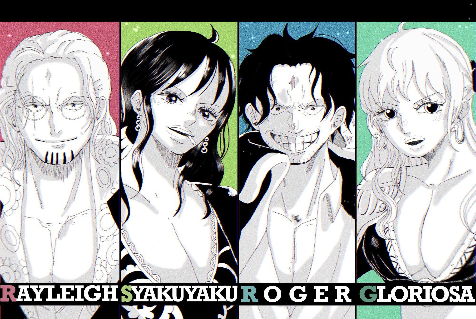 suzu (suzuran piece), gloriosa (one piece), gol d. roger, shakuyaku (one piece), silvers rayleigh, one piece, commentary request, highres, 2boys, 2girls, beard stubble, character name, cigarette, earrings, eyelashes, facial hair, glasses, jewelry, long hair, multiple boys, multiple girls, scar, scar across eye, scar on face, short hair, smile, snake earrings, stubble, upper body