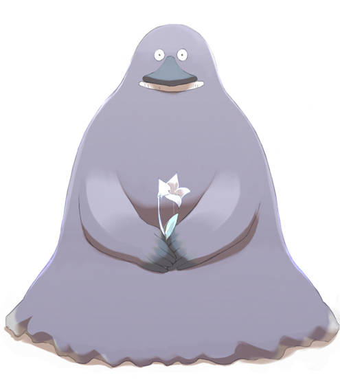 tokyo (great akuta), whi, the groke, moomin, flower, full body, holding, monster, no humans, simple background, solid circle eyes, solo, standing
