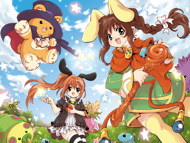 emil chronicle online, striped legwear, animal ears, apple, bear, braid, brown hair, cloud, food, fruit, hat, open mouth, ponytail, rabbit ears, sky, staff, star (symbol), thighhighs, top hat
