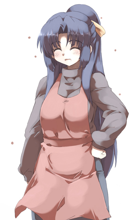 tokyo (great akuta), asakura ryoko, suzumiya haruhi no yuuutsu, 00s, apron, blue eyes, blue hair, closed eyes, long hair, ponytail, solo