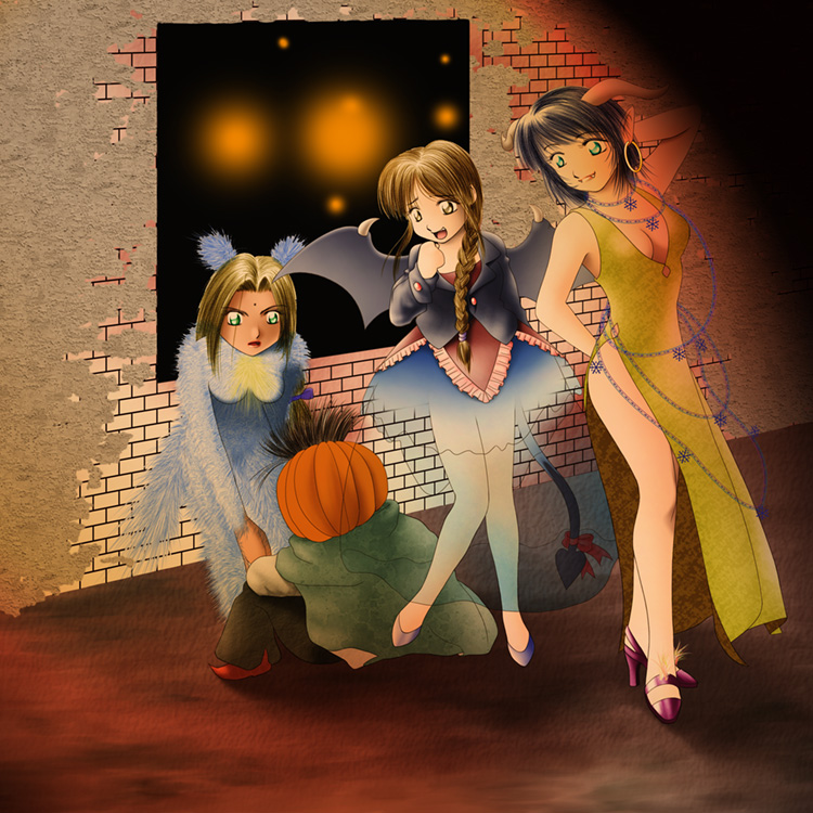 elc, elc (arc the lad), lieza (arc the lad), sania, sania (arc the lad), shante (arc the lad), arc the lad, arc the lad ii, 1boy, 3girls, high heels, multiple girls, pumpkin, shoes