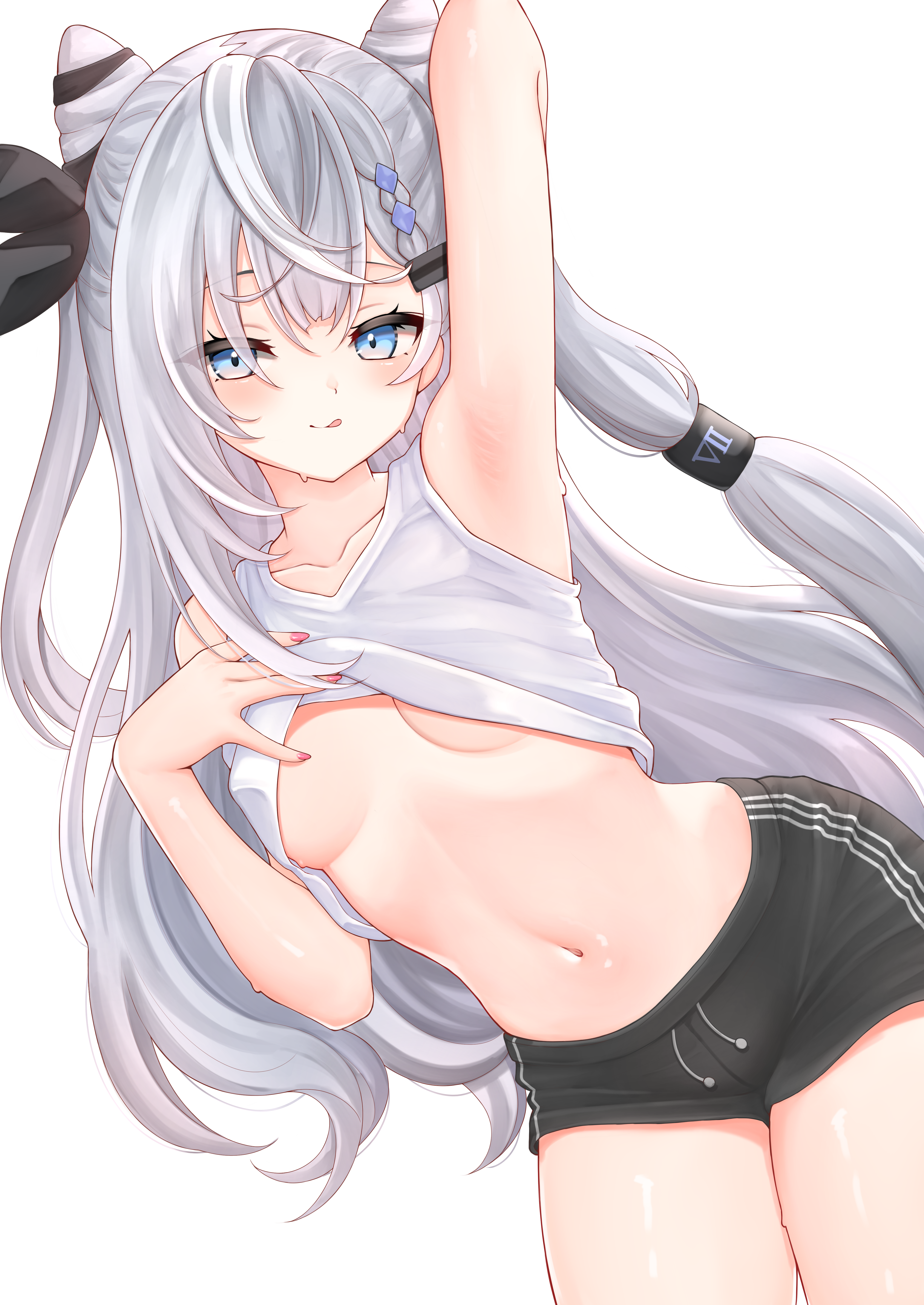 honon, vestia zeta, hololive, hololive indonesia, absurdres, highres, 1girl, :q, armpits, blue eyes, blush, breasts, closed mouth, clothes lift, cone hair bun, grey hair, hair bun, hair tubes, lifting own clothes, long hair, looking at viewer, navel, presenting armpit, shirt, shirt lift, short shorts, shorts, simple background, sleeveless, sleeveless shirt, small breasts, solo, sweat, tongue, tongue out, virtual youtuber, white background, white shirt, white shorts