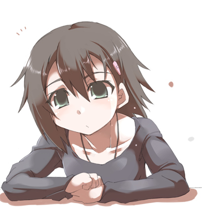 tokyo (great akuta), isurugi noe, true tears, lowres, black hair, green eyes, hair ornament, hairclip, short hair, solo