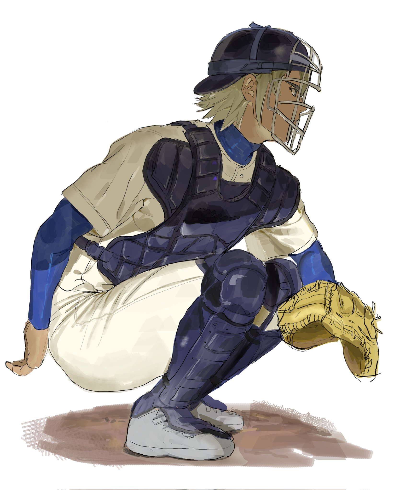 okumura koushuu, ace of diamond, commentary request, highres, korean commentary, 1boy, baseball glove, baseball helmet, baseball uniform, blonde hair, chest protector, from side, helmet, male focus, owwellowww, pants, short hair, solo, sportswear, squatting, white pants