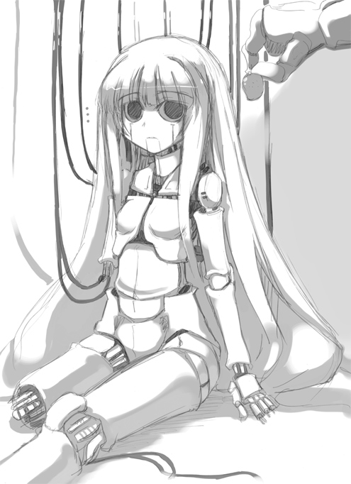 tokyo (great akuta), suou kuyou, suzumiya haruhi no yuuutsu, 00s, doll joints, food, fruit, greyscale, joints, long hair, monochrome, solo, strawberry, string, very long hair