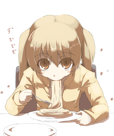 tokyo (great akuta), tachibana kyouko (suzumiya haruhi), suzumiya haruhi no yuuutsu, translation request, 00s, 1girl, :>=, blonde hair, blush, brown eyes, brown hair, chair, eating, female focus, food, fork, holding, holding plate, jacket, japanese text, looking at viewer, noodles, plate, simple background, solo, solo focus, table, twintails, white background, yellow eyes, yellow jacket