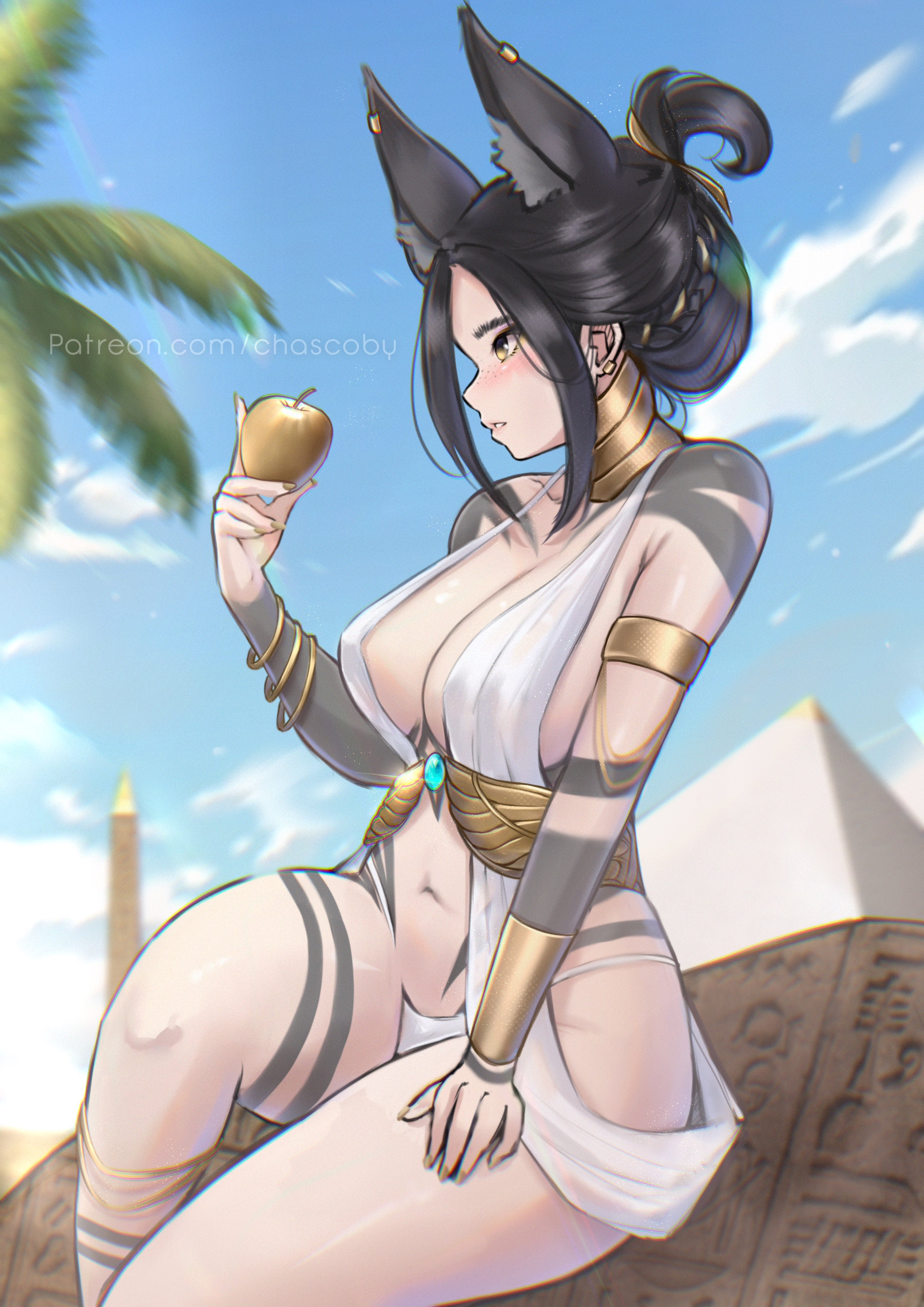 chascoby, original, absurdres, highres, 1girl, ancient egyptian, ancient egyptian clothes, animal ears, artist name, breasts, extra ears, jewelry, large breasts, long hair, navel, nova (chascoby), parted bangs, signature, usekh collar, wolf ears