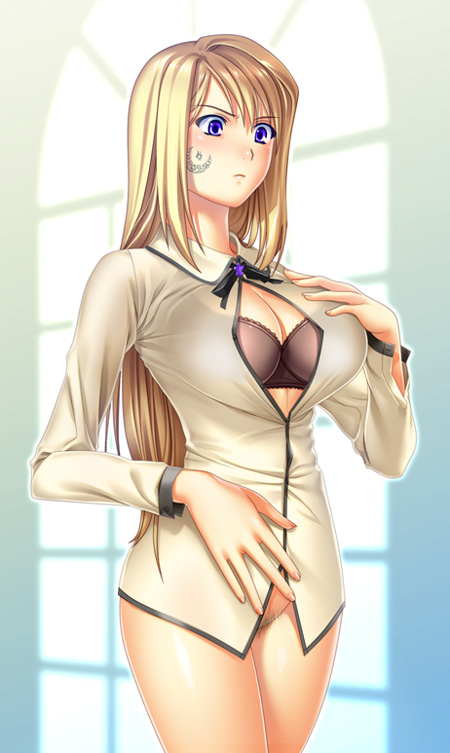 isobe, violette (sound horizon), roman (sound horizon), sound horizon, bad id, bad pixiv id, 1girl, black bra, blonde hair, blue eyes, bottomless, bra, breasts, cleavage, cleavage cutout, clothing cutout, female focus, female pubic hair, large breasts, lingerie, long hair, no panties, pubic hair, solo, underwear