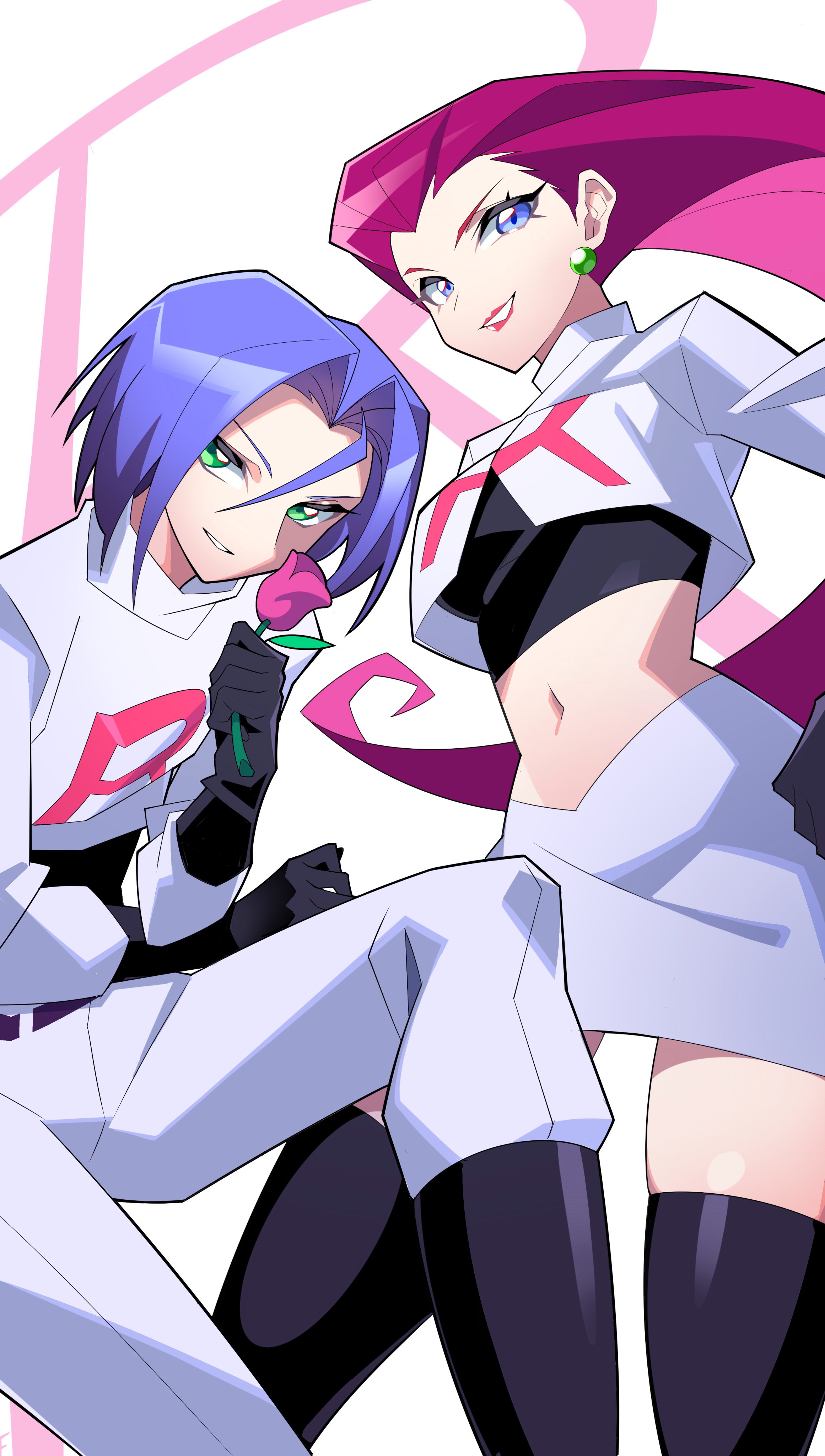 tlotro, james (pokemon), jessie (pokemon), nintendo, pokemon, pokemon (anime), absurdres, highres, 1boy, 1girl, blue eyes, blue hair, earrings, flower, green eyes, holding, holding flower, jewelry, lipstick, long hair, looking at viewer, makeup, midriff, navel, pants, purple hair, rose, short hair, simple background, skirt, smile, team rocket, team rocket uniform, thighhighs, very long hair, white background