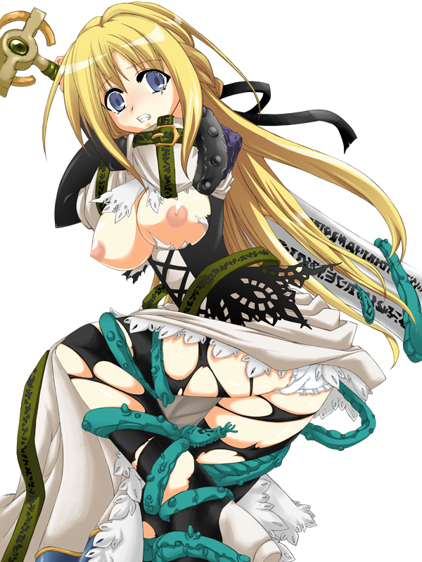 makkuro junji, yggdra yuril artwaltz, yggdra union, torn legwear, bad id, bad pixiv id, 1girl, armor, armored dress, bdsm, blonde hair, blue eyes, bondage, bound, breasts, dress, large breasts, long hair, nipples, panties, pantyhose, pantyshot, sword, tears, tentacles, torn clothes, underwear, weapon