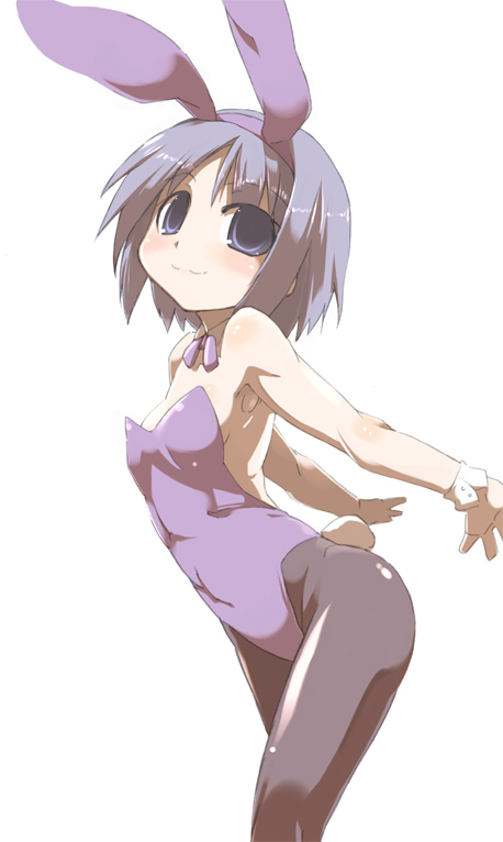 tokyo (great akuta), hiiragi tsukasa, lucky star, 00s, animal ears, blue eyes, fake animal ears, leotard, pantyhose, playboy bunny, purple hair, rabbit ears, short hair, solo