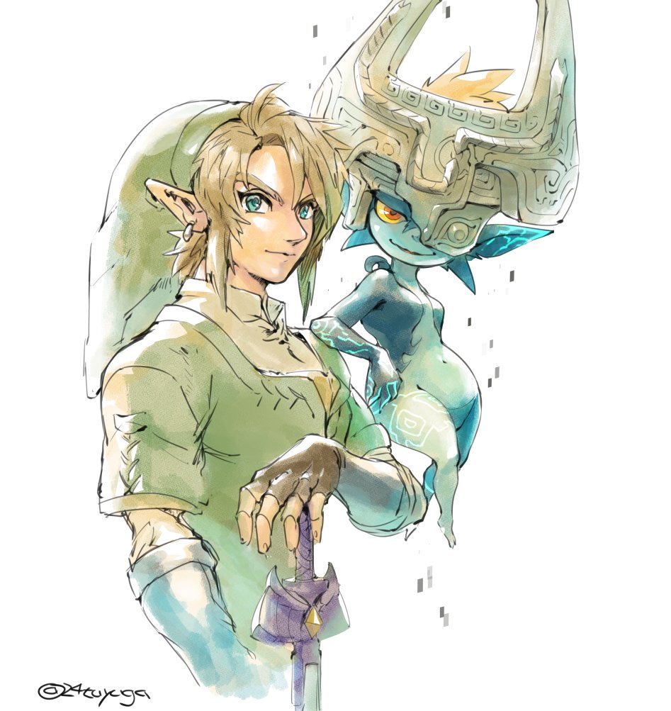 tsuyuga, link, midna, nintendo, the legend of zelda, the legend of zelda: twilight princess, 1boy, 1girl, blonde hair, blue eyes, brown gloves, closed mouth, colored sclera, colored skin, earrings, fingerless gloves, floating, gloves, green tunic, hair between eyes, helmet over one eye, holding, holding sword, holding weapon, jewelry, master sword, multicolored skin, orange hair, parted bangs, pointy ears, ponytail, red eyes, short hair, shortstack, sidelocks, smile, sword, tunic, twitter username, two-tone skin, upper body, weapon, white background, yellow sclera