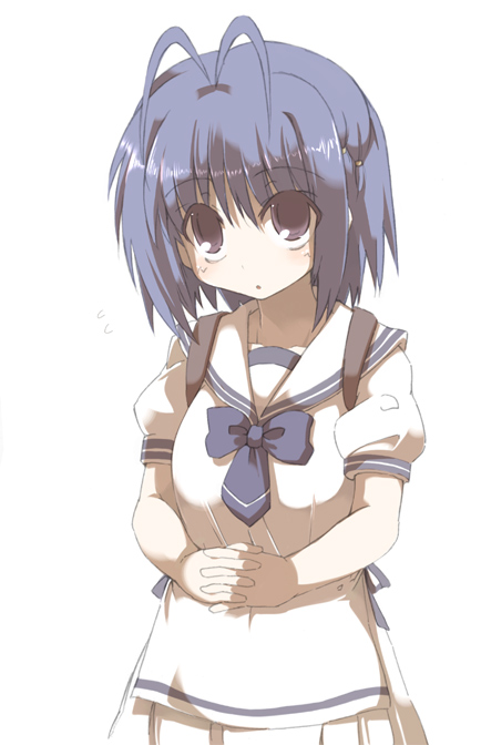 tokyo (great akuta), 1girl, antenna hair, blue hair, bow, female focus, school uniform, serafuku, shy, solo