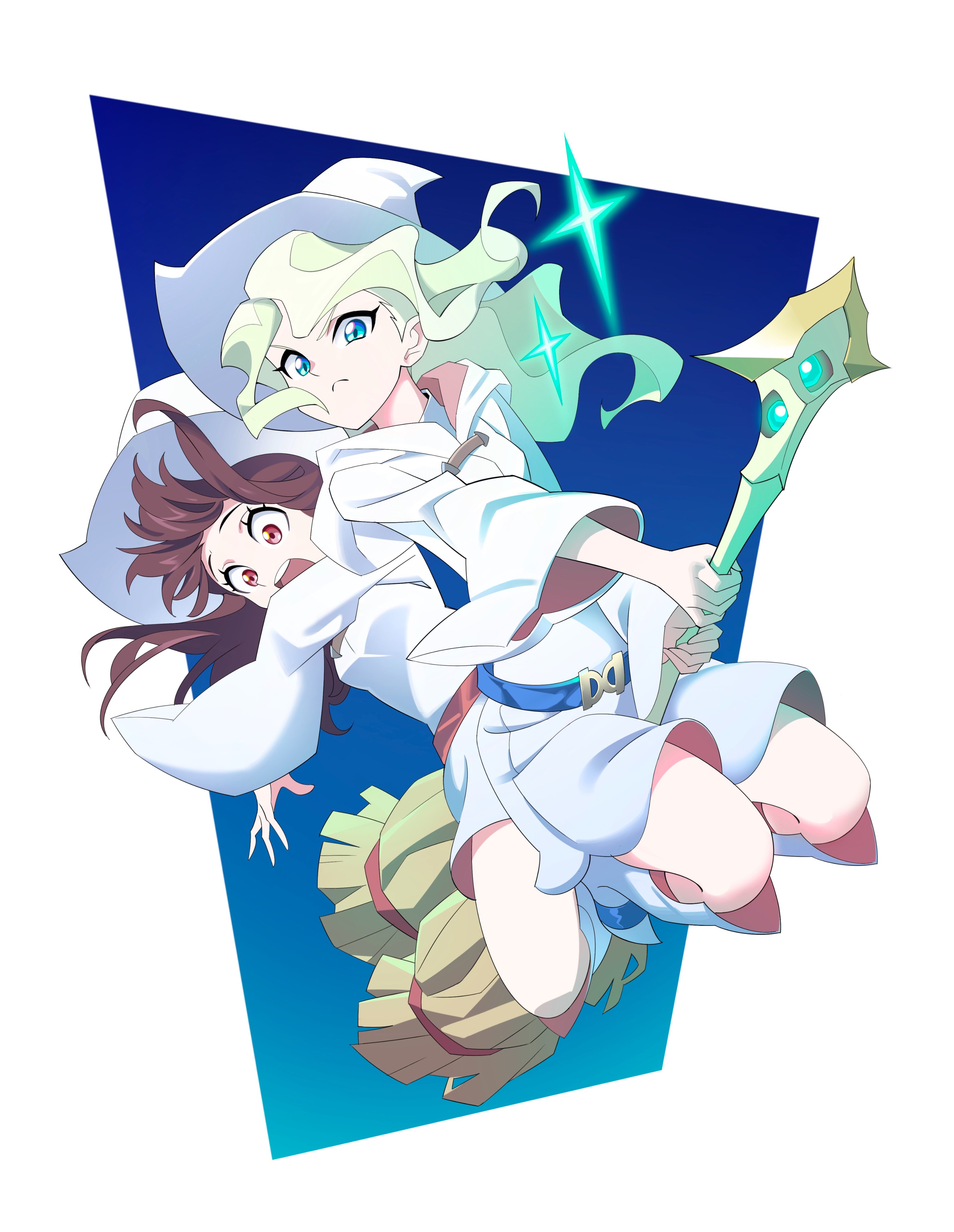 tlotro, diana cavendish, kagari atsuko, little witch academia, absurdres, highres, 2girls, belt, blonde hair, blue eyes, broom, broom riding, brown hair, flying, hat, long hair, multiple girls, open mouth, red eyes, robe, simple background, sparkle, teeth, upper teeth only, white background, white robe, witch hat