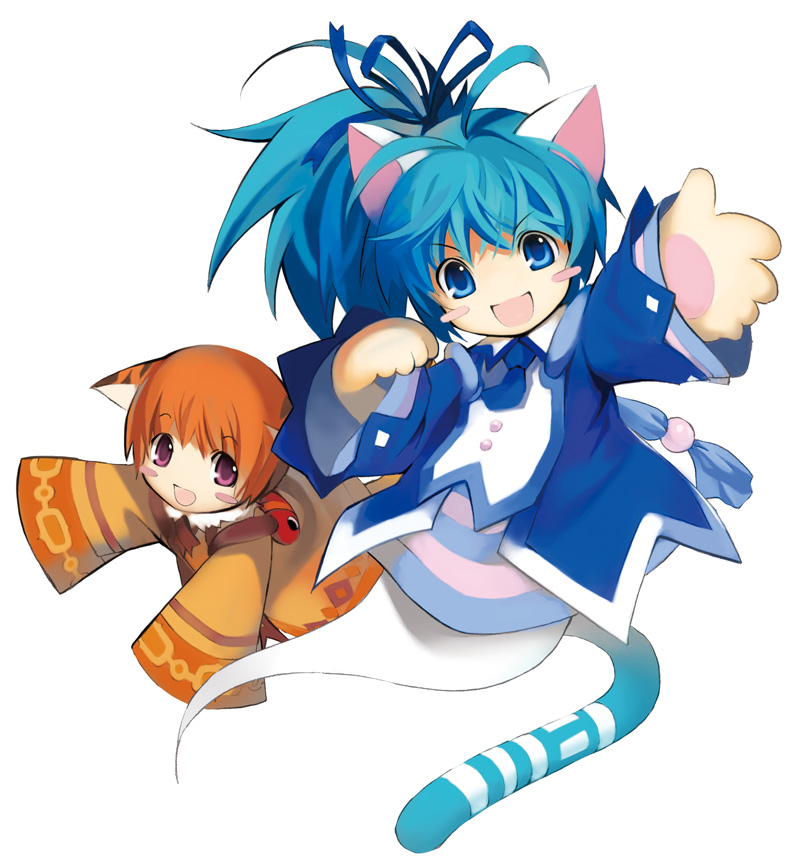 emil chronicle online, striped, tagme, animal ears, blue eyes, blue hair, blush, cat ears, cat tail, ghost, hair ribbon, open mouth, orange hair, ponytail, purple eyes, ribbon, tail