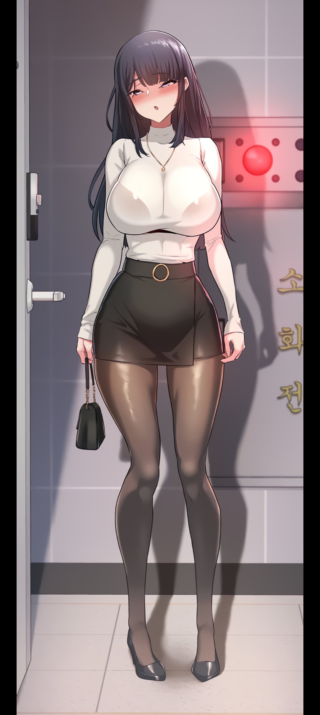 bangkkii, lee eun-jung, pornhwa, sextudy group, webtoon, absurdres, colorized, cropped, highres, official art, 1boy, 1girl, bag, black bag, black bra, black eyes, black hair, black pantyhose, black skirt, blush, bra, breasts, covering breasts, covering privates, door, door handle, dot nose, dress, drunk, female focus, full body, high heels, holding, holding bag, huge breasts, jewelry, large breasts, long hair, long sleeves, looking at viewer, miniskirt, necklace, open mouth, pantyhose, pencil skirt, see-through cleavage, see-through clothes, see-through shirt, sexually suggestive, shirt, skirt, solo, solo focus, tight cloothes, tight clothes, tight dress, tight skirt, underwear, underwear only, white shirt