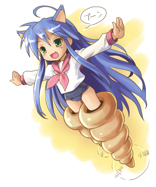katahira masashi, izumi konata, lucky star, strike witches, world witches series, 1girl, airplane arms, animal ears, blue hair, cat ears, chocolate cornet, female focus, flying, food, green eyes, mole, mole under eye, no pants, one-piece swimsuit, outstretched arms, parody, school swimsuit, school uniform, serafuku, solo, spread arms, striker unit, swimsuit, swimsuit under clothes