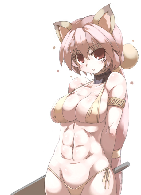 tokyo (great akuta), monica (dark chronicle), dark chronicle, level-5, 1girl, abs, animal ears, bikini, breasts, cat ears, cleavage, female focus, large breasts, lowleg, lowleg bikini, multi-tied hair, muscular, pink hair, red eyes, solo, swimsuit, sword, toned, toned female, weapon