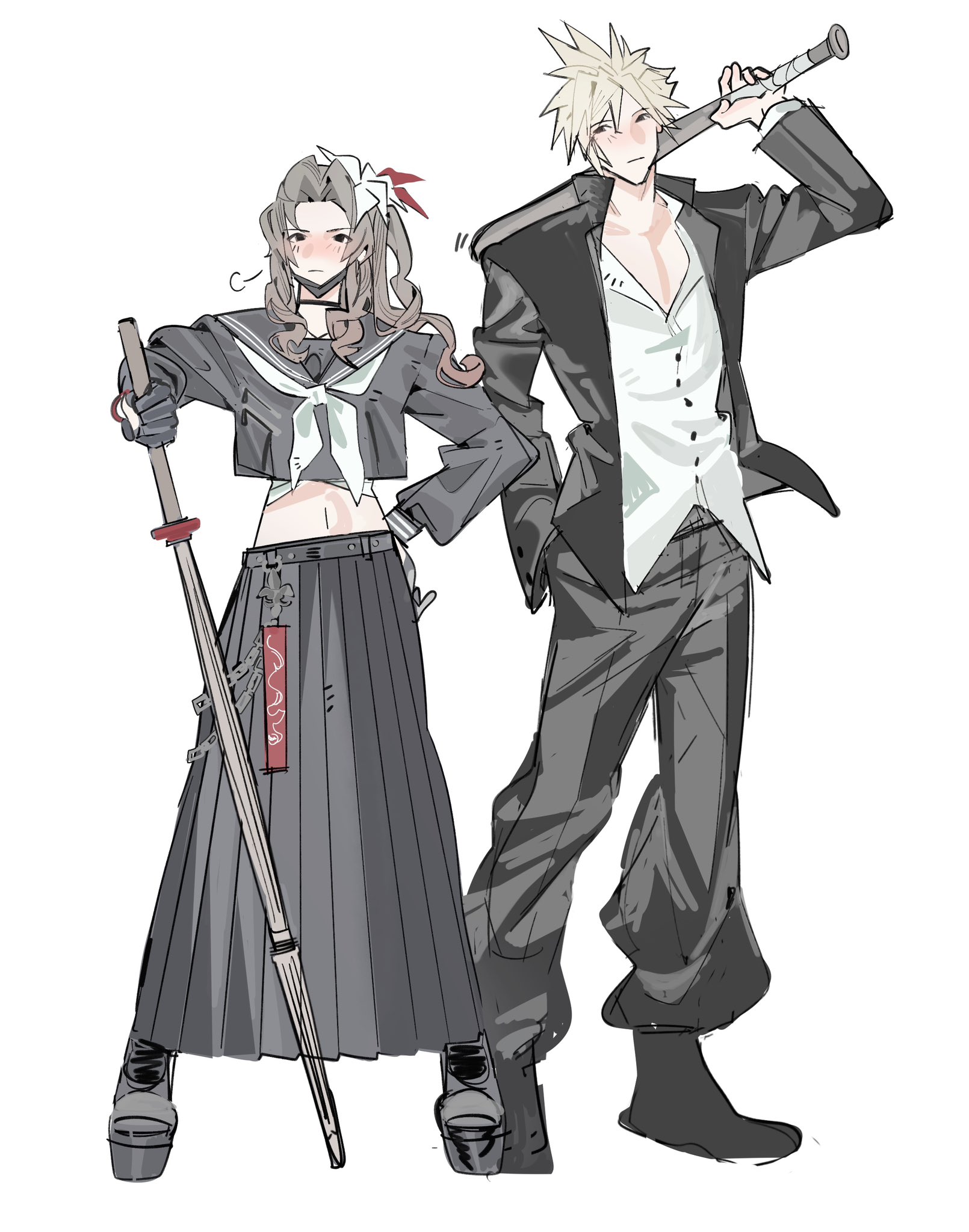 lentymet, aerith gainsborough, cloud strife, final fantasy, final fantasy vii, final fantasy vii ever crisis, highres, 1boy, 1girl, aerith gainsborough (midgard seventh high school), bandaged chest, baseball bat, black choker, black gloves, black jacket, black pants, black sailor collar, black serafuku, black shirt, black shoes, black skirt, blonde hair, blush, brown hair, chain, choker, cloud strife (midgard seventh high school), collared shirt, crop top, delinquent, flower, full body, gakuran, gloves, hair flower, hair ornament, hair ribbon, hand in pocket, hand on own hip, holding, holding baseball bat, holding staff, jacket, long hair, long skirt, long sleeves, midriff, navel, neckerchief, official alternate costume, over shoulder, pants, parted bangs, pleated skirt, red ribbon, ribbon, sailor collar, school uniform, serafuku, shirt, shoes, short hair, side ponytail, sidelocks, skirt, spiked hair, staff, sukeban, weapon, weapon over shoulder, white background, white flower, white neckerchief, white shirt