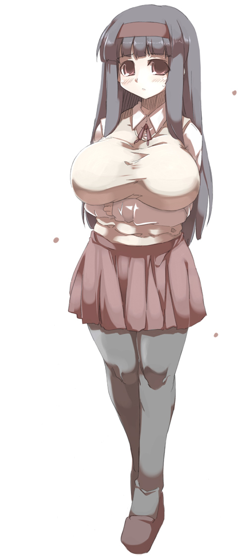 tokyo (great akuta), original, breast hold, 1girl, black hair, black pantyhose, blush, breasts, female focus, hairband, huge breasts, long hair, pantyhose, red eyes, school uniform, serafuku, solo, sweater vest, taut clothes