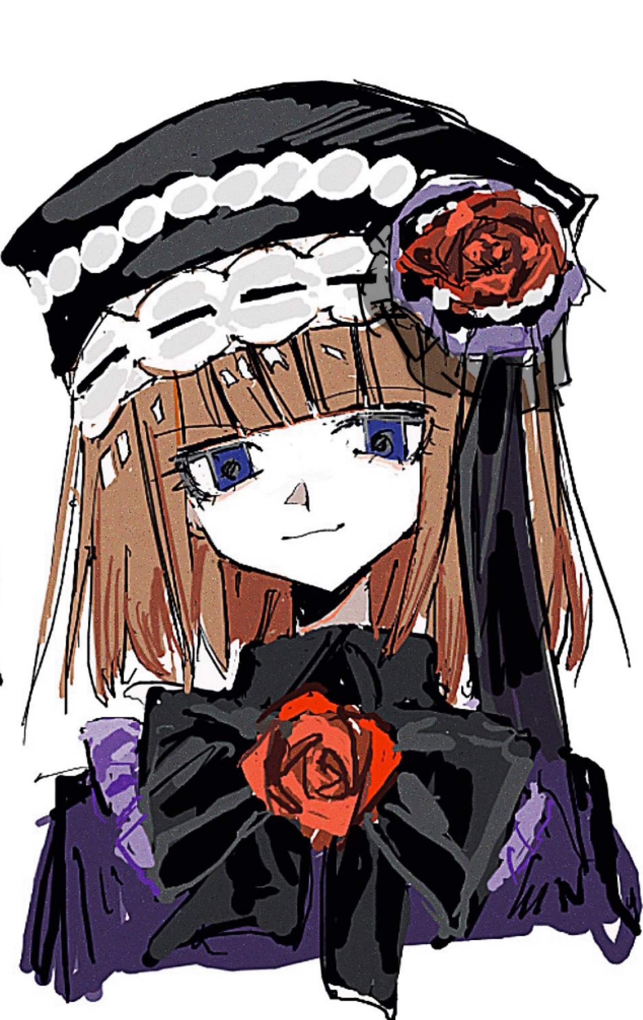 koyomiyoko o, eva beatrice, umineko no naku koro ni, highres, 1girl, :3, black bow, blue eyes, bow, brown hair, flower, frills, hat, hat flower, hat ribbon, head tilt, looking at viewer, orange hair, ribbon, rose, solo, white background