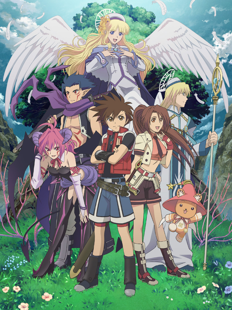 emil chronicle online, artist request, character request, tagme, 3boys, 3girls, bear, bent over, blonde hair, brown hair, feathers, halo, hat, horns, jewelry, long hair, midriff, multiple boys, multiple girls, necklace, outdoors, pink hair, pointy ears, ponytail, scarf, shorts, staff, vest, wings