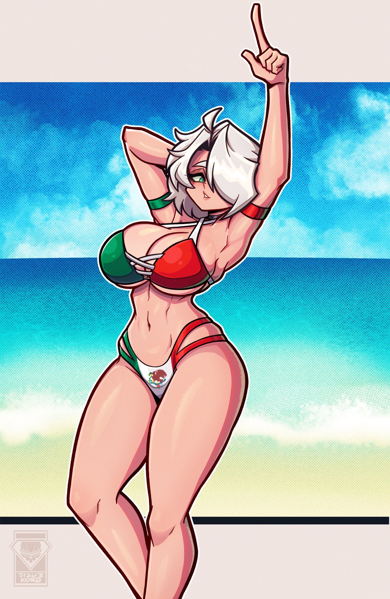 jizuz kord, angel (kof), snk, the king of fighters, highres, 1girl, bikini, blue eyes, breasts, cleavage, flag print, flag print bikini, hair over one eye, index fingers raised, large breasts, looking at viewer, mexico, midriff, navel, print bikini, short hair, solo, swimsuit, toned, toned female, white hair