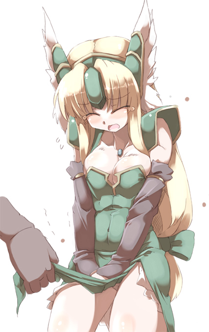 tokyo (great akuta), riesz, seiken densetsu, seiken densetsu 3, 1girl, blonde hair, blush, bow, breasts, cleavage, closed eyes, clothes pull, covering crotch, covering privates, elbow gloves, female focus, gloves, hair bow, helm, helmet, jewelry, large breasts, long hair, low-tied long hair, necklace, open mouth, skirt, skirt pull, solo, tears