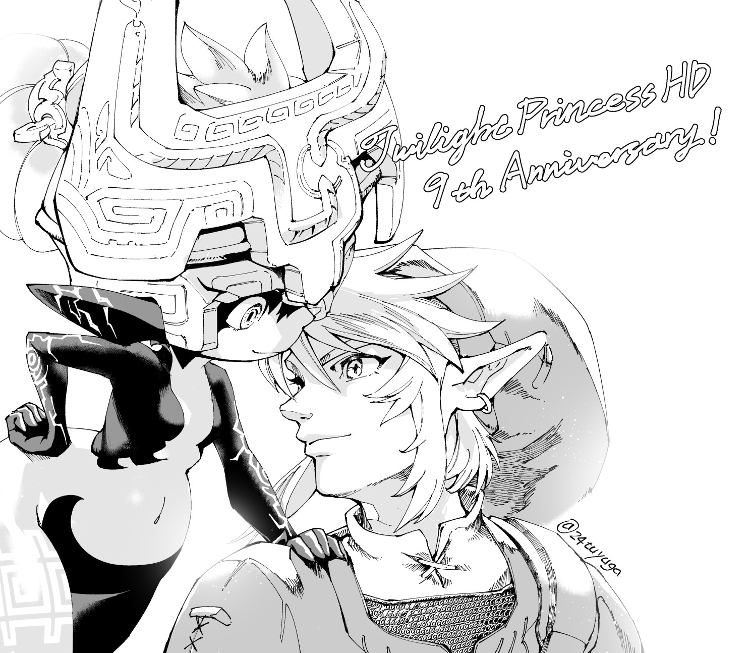 tsuyuga, link, midna, nintendo, the legend of zelda, the legend of zelda: twilight princess, highres, 1boy, 1girl, anniversary, breasts, colored skin, earrings, greyscale, hair between eyes, hand on another's shoulder, hand on own hip, helmet over one eye, jewelry, medium breasts, monochrome, multicolored skin, navel, phrygian cap, pointy ears, ponytail, short hair, shortstack, smile, tunic, twitter username, two-tone skin, upper body, white background