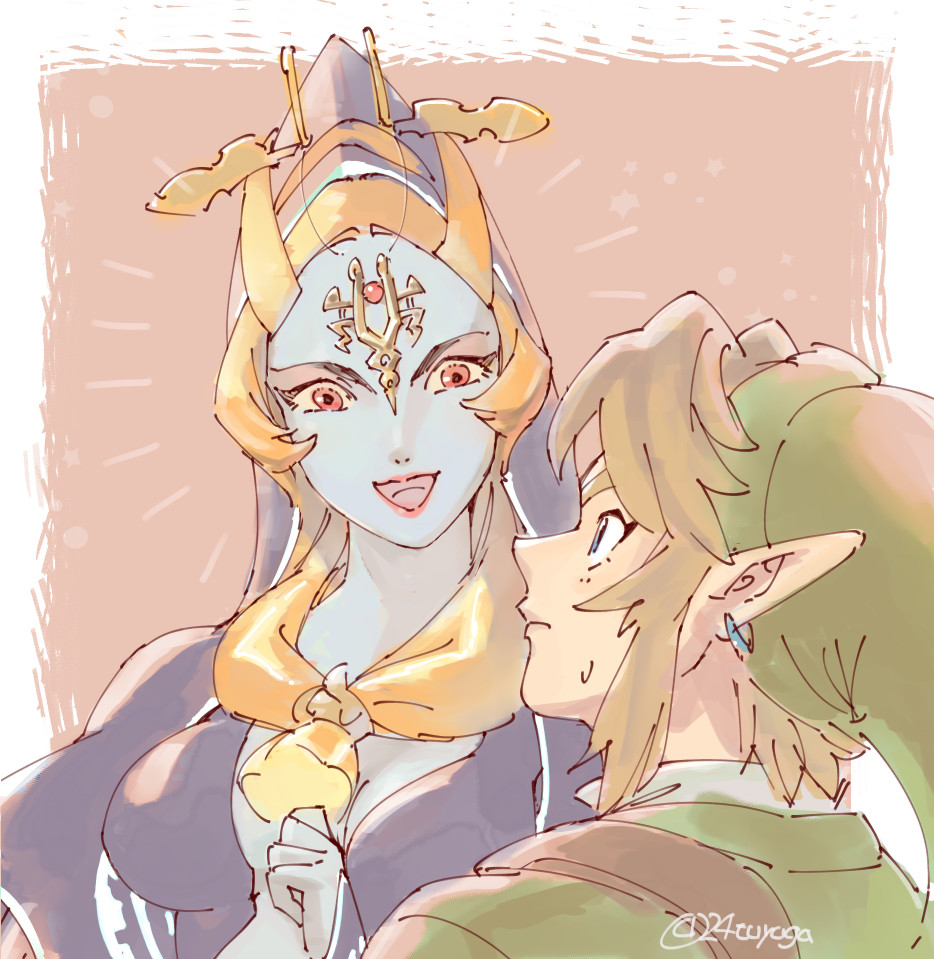 tsuyuga, link, midna, midna (true), nintendo, the legend of zelda, the legend of zelda: twilight princess, spoilers, 1boy, 1girl, black robe, blonde hair, blue eyes, blue sky, border, breasts, brown background, cleavage, colored sclera, earrings, forehead jewel, green hat, green tunic, hair tie, hat, jewelry, looking at another, medium breasts, open mouth, orange hair, parted bangs, phrygian cap, pointy ears, red eyes, robe, sidelocks, sky, smile, sweatdrop, tunic, twitter username, upper body, white border, yellow sclera