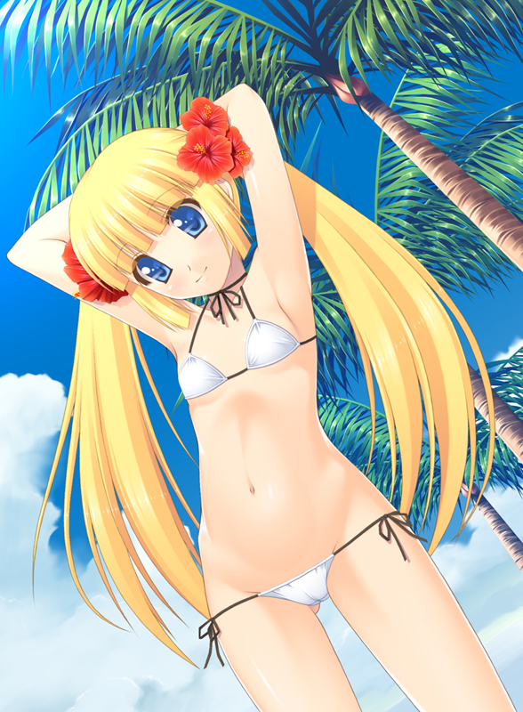 gaou (babel), original, 1girl, armpits, arms up, bikini, blonde hair, blue eyes, blunt bangs, cameltoe, choker, cloud, cowboy shot, day, dutch angle, female focus, flat chest, flower, hair flower, hair ornament, hibiscus, long hair, lowleg, lowleg bikini, navel, palm tree, ribbon choker, side-tie bikini bottom, sky, smile, solo, swimsuit, tree, twintails, white bikini
