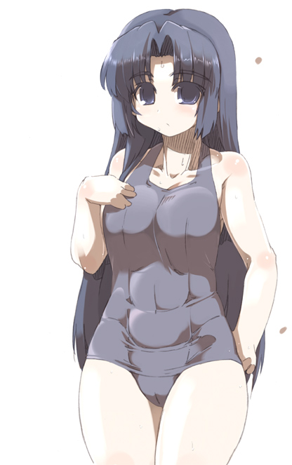 tokyo (great akuta), asakura ryoko, suzumiya haruhi no yuuutsu, 00s, blue eyes, blue hair, breasts, large breasts, long hair, one-piece swimsuit, school swimsuit, solo, swimsuit