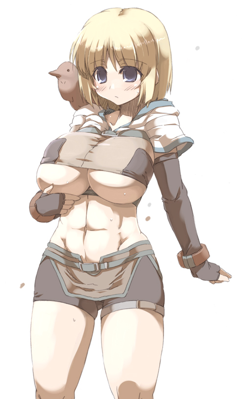 tokyo (great akuta), hunter (ragnarok online), ragnarok online, 1girl, animal, animal on shoulder, belt, bird, bird on shoulder, blonde hair, blue eyes, bracelet, breasts, elbow gloves, female focus, fingerless gloves, gloves, huge breasts, hunter, jewelry, midriff, muscular, short hair, short shorts, shorts, solo, thighs, underboob