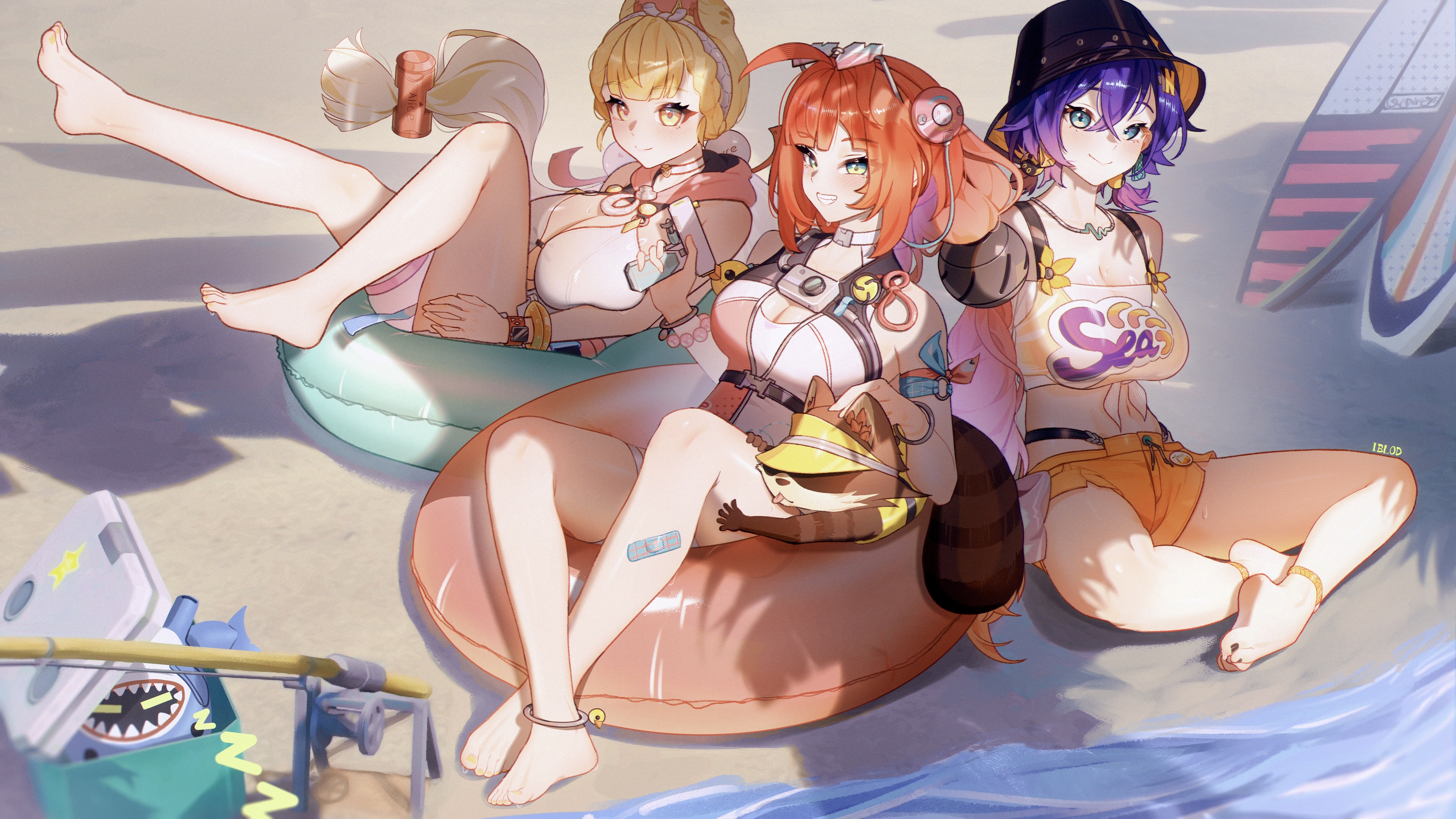 iblod, alice thymefield, alice thymefield (sea of thyme), bangboo (zenless zone zero), belle (summer skies) (zenless zone zero), belle (zenless zone zero), sharkboo (zenless zone zero), ukinami yuzuha, ukinami yuzuha (tanuki in broad daylight), zenless zone zero, absurdres, highres, ahoge, animal ears, arm under breasts, bandaid on thigh, barefoot, beach, bikini, blonde hair, blue eyes, blue hair, braid, breasts, choker, cleavage, closed mouth, eyewear on head, feet, green eyes, heart, heart-shaped eyewear, heterochromia, large breasts, long hair, looking at viewer, low twin braids, low twintails, medium breasts, official alternate costume, one-piece swimsuit, orange bikini, orange shorts, outdoors, pink one-piece swimsuit, rabbit ears, rabbit girl, red eyes, sand, see-through clothes, see-through shirt, shirt, short hair, shorts, smile, sunglasses, surfboard, swim ring, swimsuit, toes, twin braids, twintails, two-tone swimsuit, very long hair, water, white choker, white one-piece swimsuit, white shirt, yellow eyes