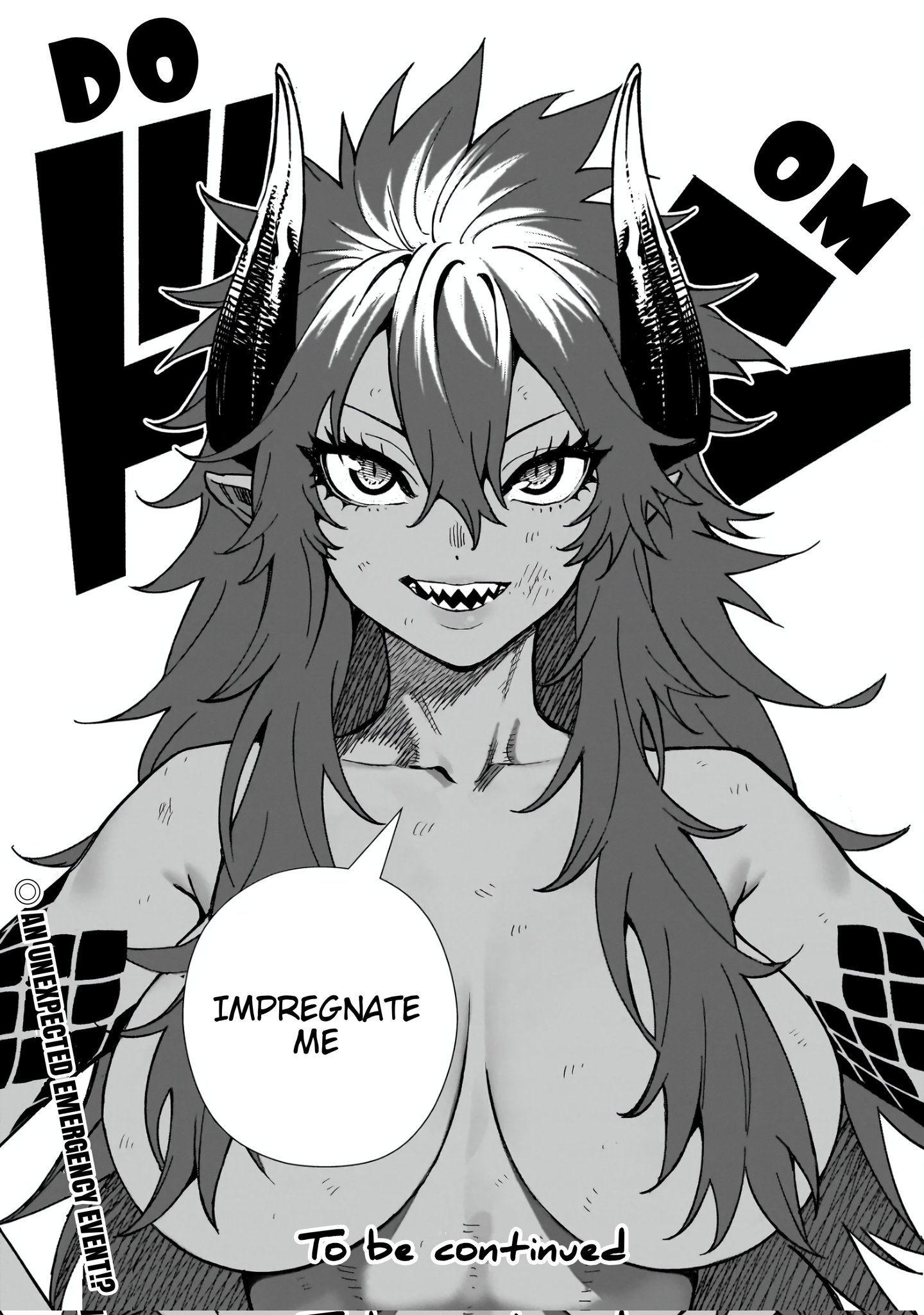 senki survival saga – isekai no unmei wo kaketa mujintou fujun iseikouyuu, highres, non-web source, 1girl, body markings, breasts, convenient censoring, dark skin, dragon horns, greyscale, hands on own hips, horns, large breasts, long hair, looking at viewer, messy hair, monochrome, pointy ears, requesting impregnation, scales, sharp teeth, solo, sound effects, speech bubble, teeth, thick eyelashes, to be continued, topless female, upper body