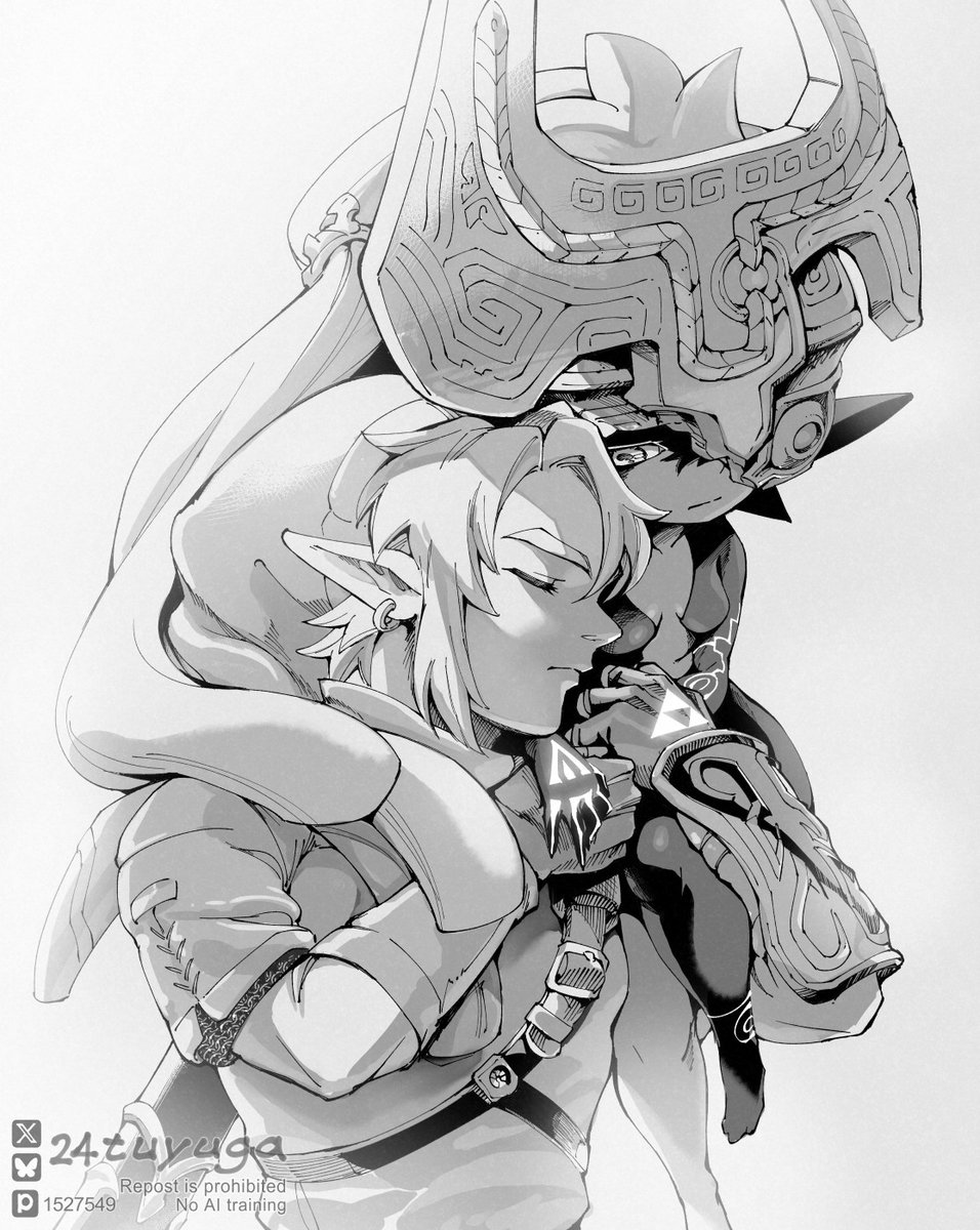 tsuyuga, link, midna, nintendo, the legend of zelda, the legend of zelda: twilight princess, highres, 1boy, 1girl, breasts, cleavage, closed eyes, colored skin, earrings, greyscale, hair between eyes, helmet over one eye, holding hands, jewelry, medium breasts, monochrome, multicolored skin, parted bangs, phrygian cap, pointy ears, ponytail, shirt, short hair, shortstack, tunic, twitter username, two-tone skin, upper body, vambraces, white background, white shirt