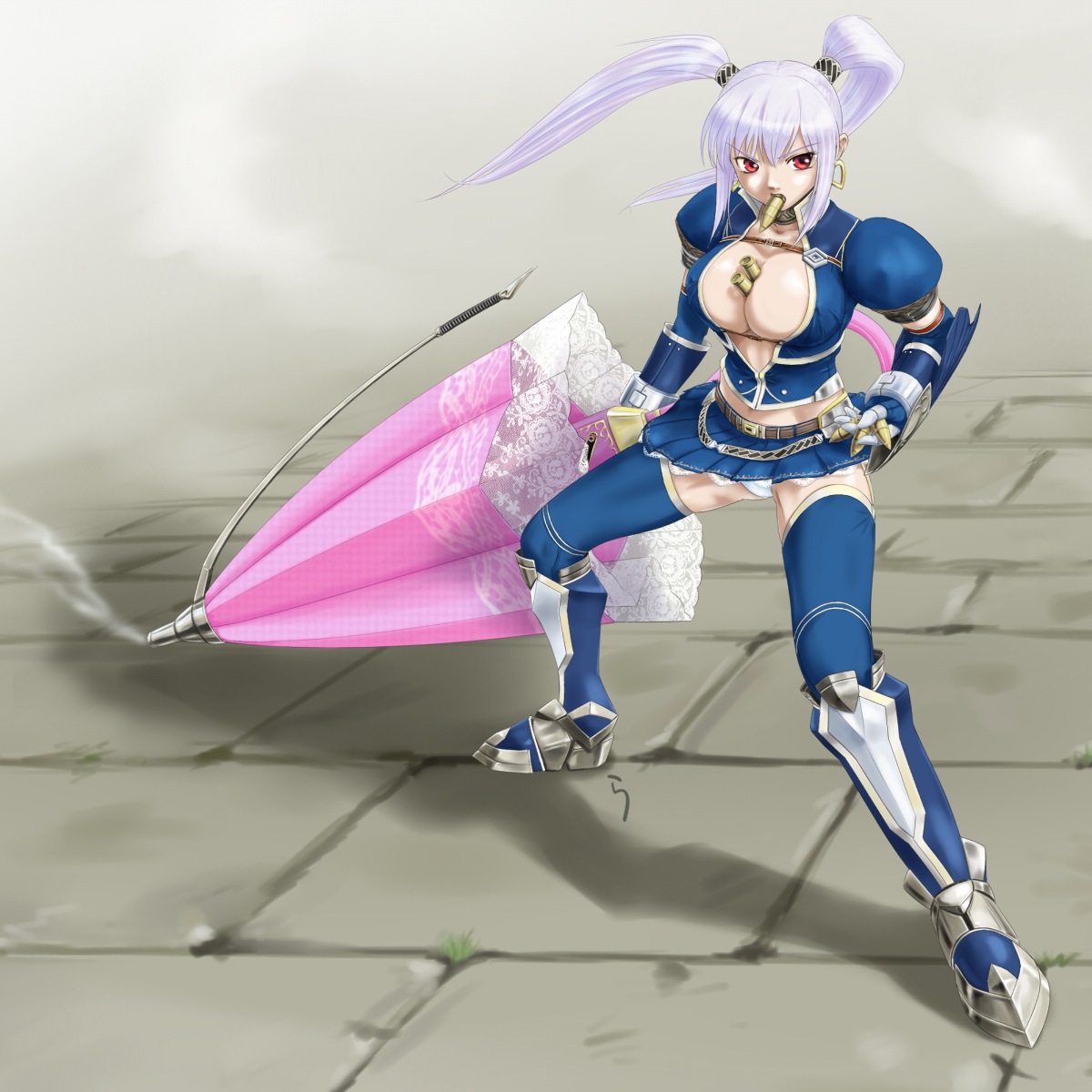 rasukaru, capcom, monster hunter (series), monster hunter frontier, highres, albino, armor, azure (armor), belt, between breasts, breasts, cute weapon, earrings, elbow gloves, gloves, gun, jewelry, mouth hold, panties, pantyshot, red eyes, skirt, solo, thighhighs, twintails, underwear, weapon, white hair, wind, wind lift