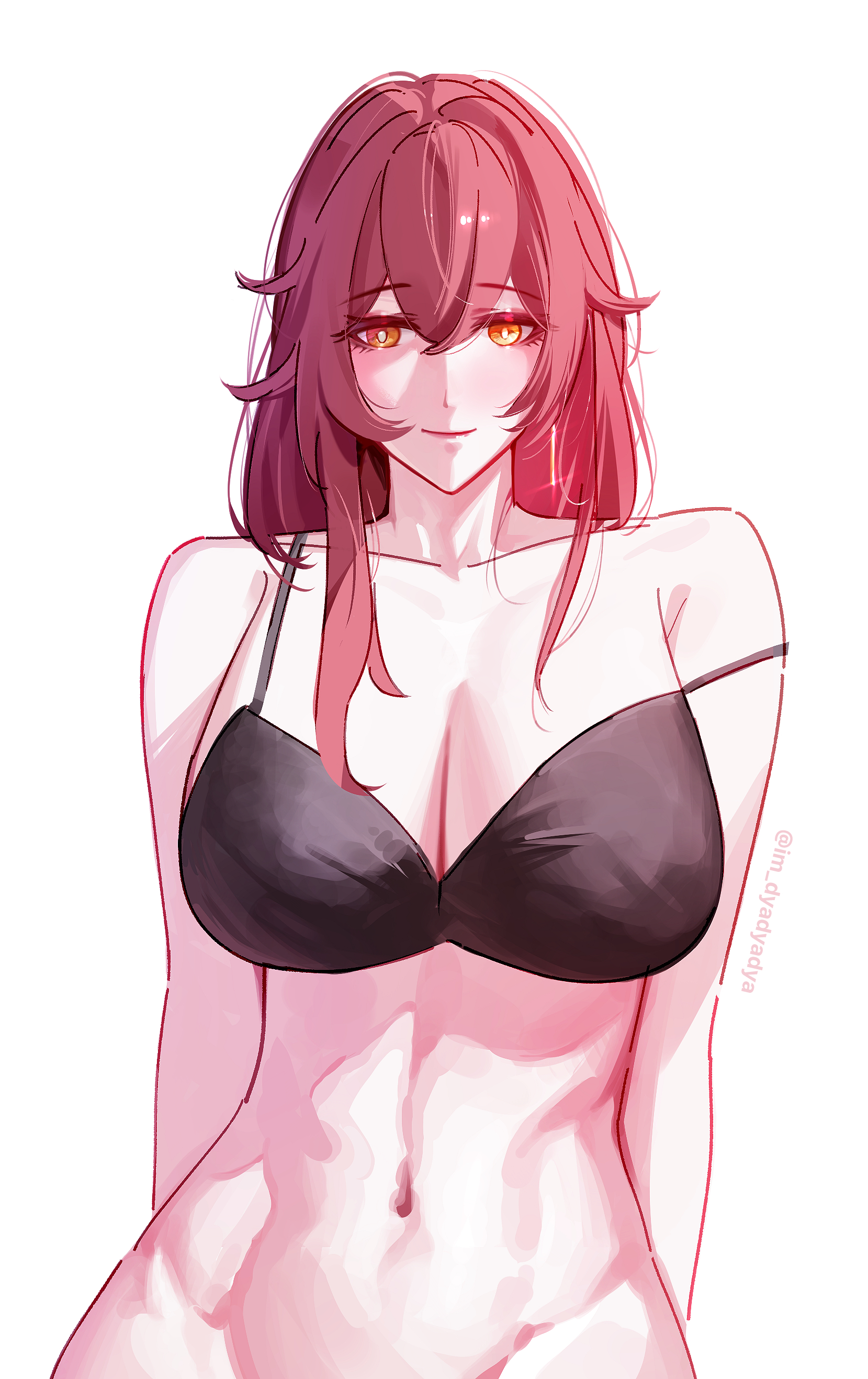 dyadyadya, eden (honkai impact), honkai (series), honkai impact 3rd, absurdres, commentary, highres, 1girl, black bra, bottomless, bra, breasts, brown hair, cleavage, collarbone, large breasts, long hair, looking at viewer, navel, orange eyes, simple background, solo, stomach, underwear, very long hair, white background