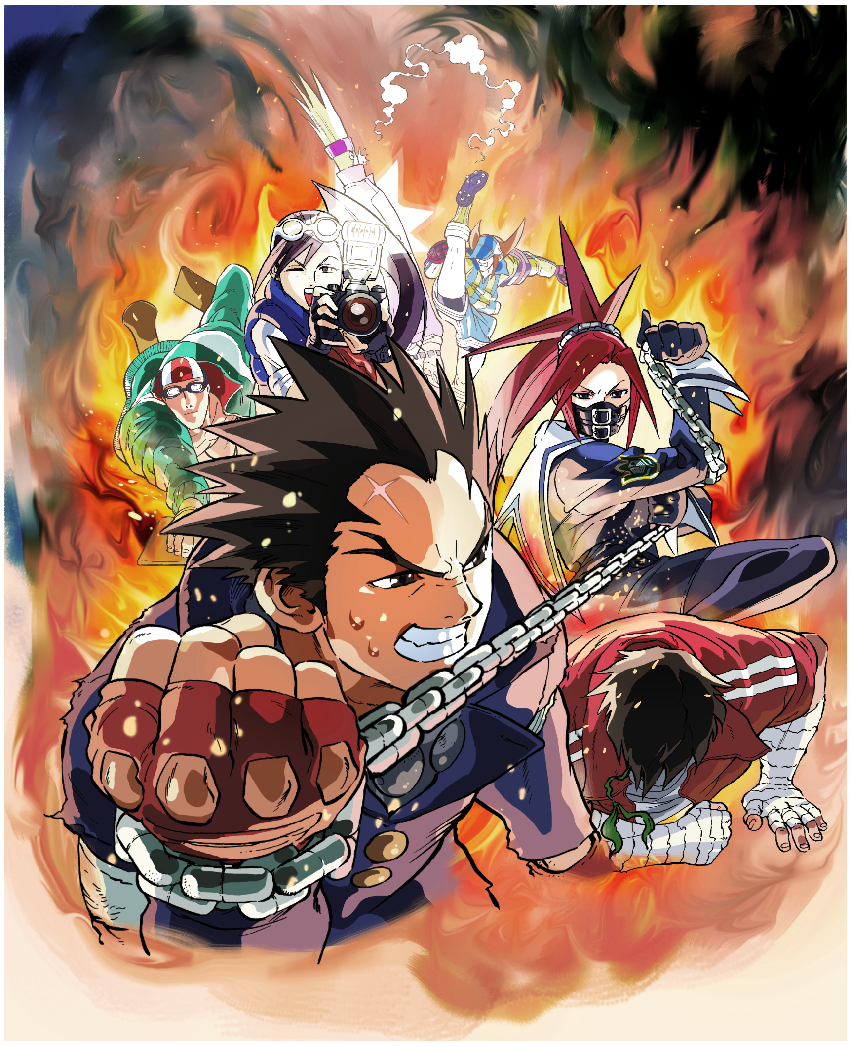 edaki shin'ya, edge (justice gakuen), hibiki ran, ichimonji batsu, namikawa nagare, nekketsu hayato, roberto miura, zaki (justice gakuen), justice gakuen, moero! justice gakuen, game cg, highres, non-web source, official art, 2girls, 5boys, ;d, black gloves, black hair, blonde hair, blue shorts, blue vest, border, brown eyes, brown hair, camera, camera flash, capelet, chain, clenched teeth, collared shirt, covered eyes, down vest, eyewear on head, fighting, fingerless gloves, fire, forked eyebrows, gakuran, gloves, goggles, hands on ground, headband, high collar, holding, holding camera, jacket, kicking, knee up, long hair, long sleeves, mask, mouth mask, multiple boys, multiple girls, on ground, one eye closed, open clothes, open jacket, open mouth, open vest, pectorals, ponytail, purple headband, red hair, scar, scar on face, scar on forehead, school uniform, shirt, short hair, shorts, sleeves rolled up, smile, smoke, smoke trail, soccer uniform, spandex, spiked hair, sportswear, striped clothes, striped shirt, sunglasses, swim cap, swim goggles, teeth, track jacket, vest, visor cap, white border, white capelet, wrist wrap