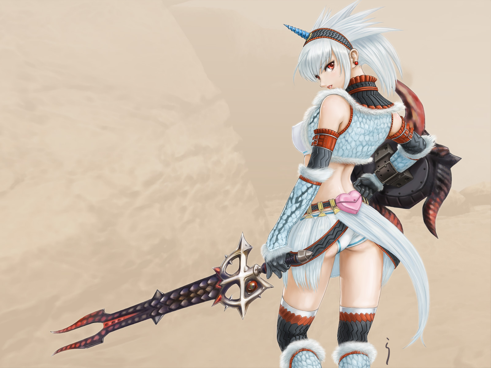 rasukaru, capcom, monster hunter (series), highres, 1girl, albino, armor, ass, belt, breasts, covered erect nipples, earrings, elbow gloves, female focus, gloves, hairband, horns, jewelry, kirin (armor), looking back, medium breasts, midriff, panties, red eyes, shield, single horn, solo, sword, thighhighs, underwear, weapon, white hair