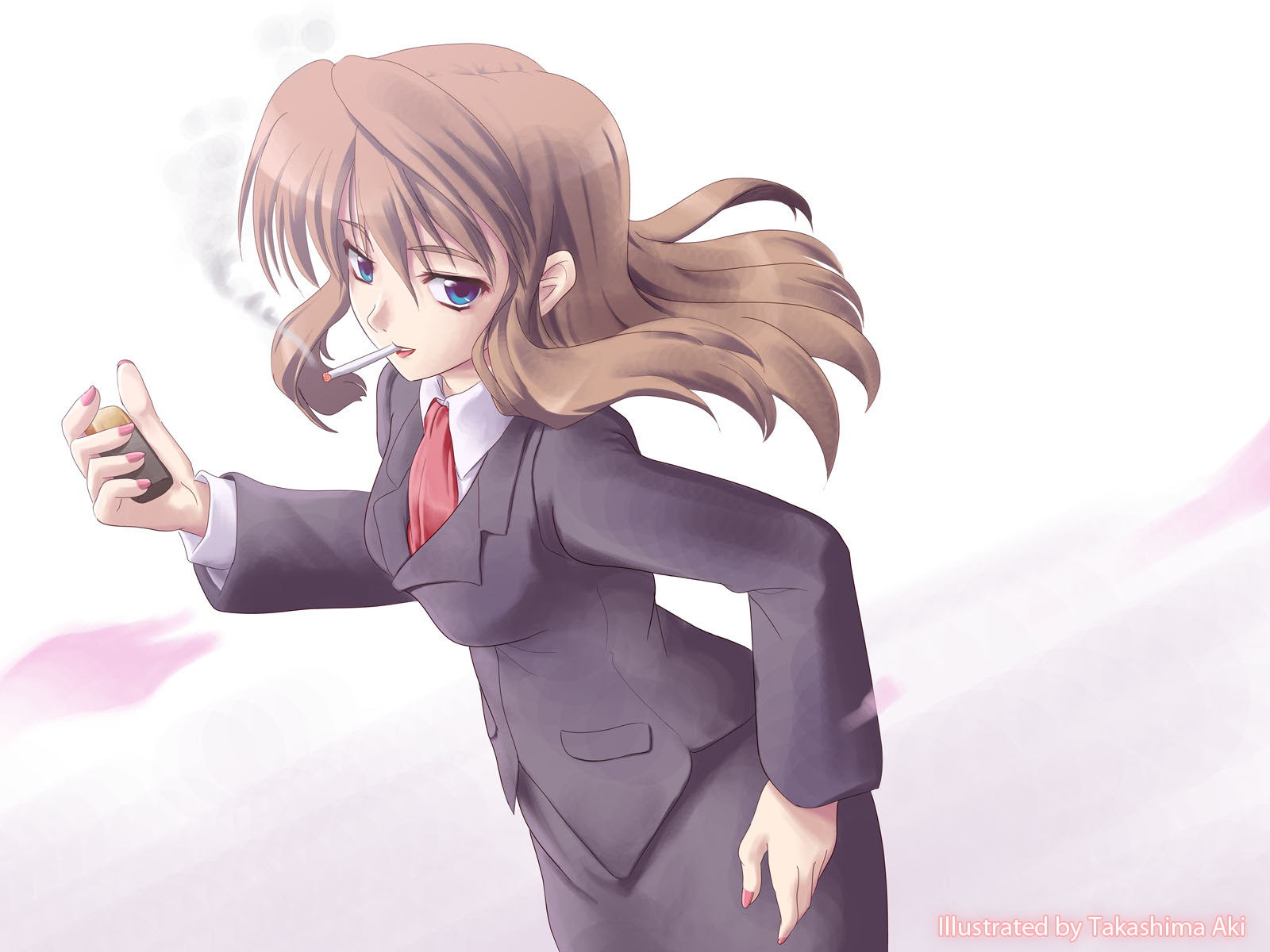 takashima aki, uniform, highres, 1girl, brown hair, cigarette, female focus, lighter, nail polish, pink nails, smoking, solo
