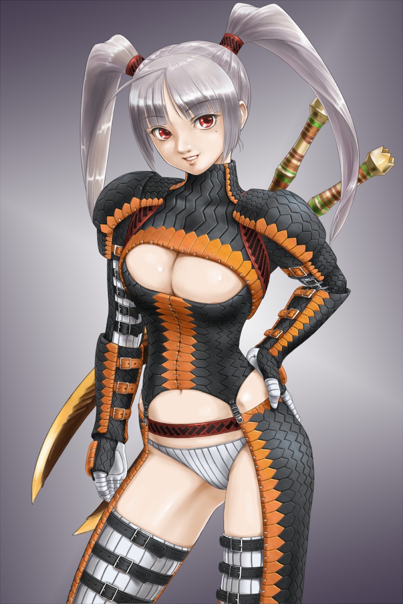 rasukaru, capcom, monster hunter (series), silver hair, highres, armor, belt, cleavage cutout, clothing cutout, gloves, gypceros (armor), panties, red eyes, smile, solo, sword, thighhighs, twintails, underwear, weapon