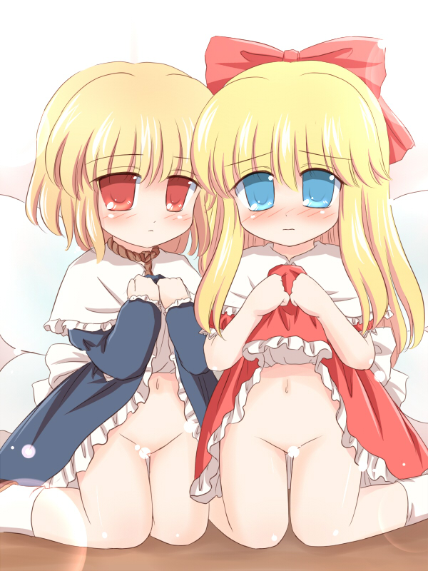 ry (yagoyago), hourai doll, shanghai doll, touhou, 2girls, censored, doll, female focus, loli, long hair, multiple girls, noose, nude, pussy, ribbon, short hair