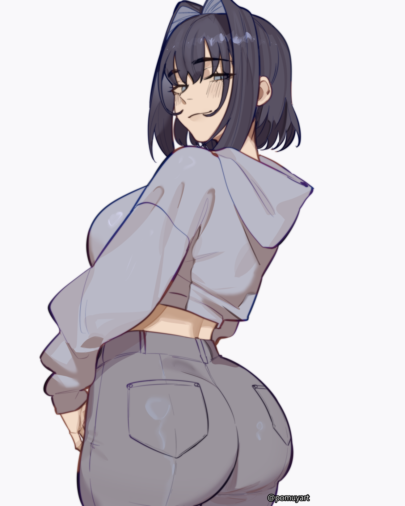 pomuya, ouro kronii, hololive, hololive english, commentary, english commentary, highres, 1girl, ass, blue hair, breasts, closed mouth, cropped hoodie, denim, fanged bangs, from behind, grey hoodie, grey pants, hair intakes, hood, hoodie, jeans, large breasts, light smile, long sleeves, looking at viewer, looking back, pants, short hair, simple background, sleeves past wrists, solo, virtual youtuber, white background