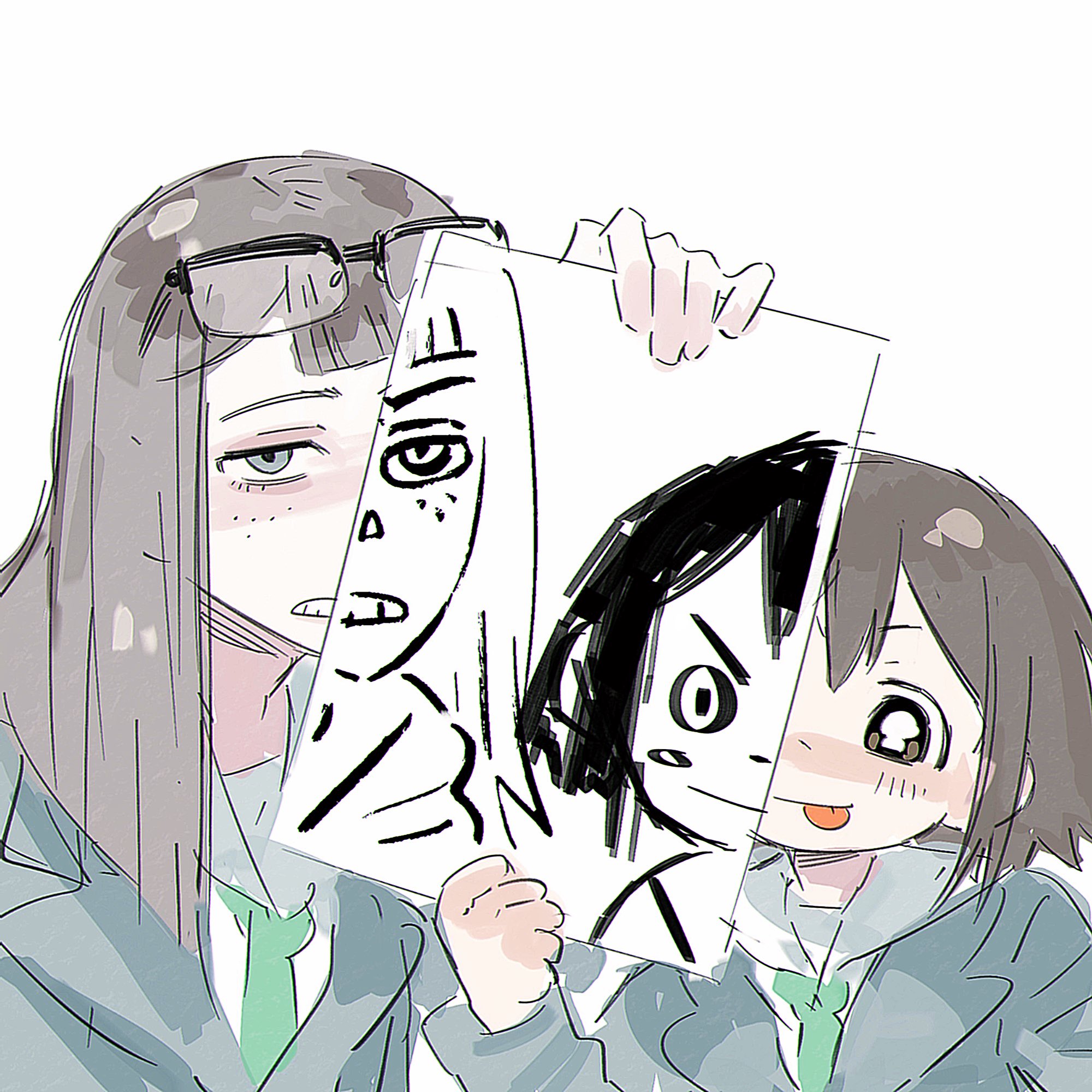 goblet 42, asakusa midori, kanamori sayaka, eizouken ni wa te wo dasu na!, highres, 2girls, black hair, blue jacket, brown hair, drawing (object), freckles, glasses, jacket, multiple girls, sketch, tongue, tongue out, white background